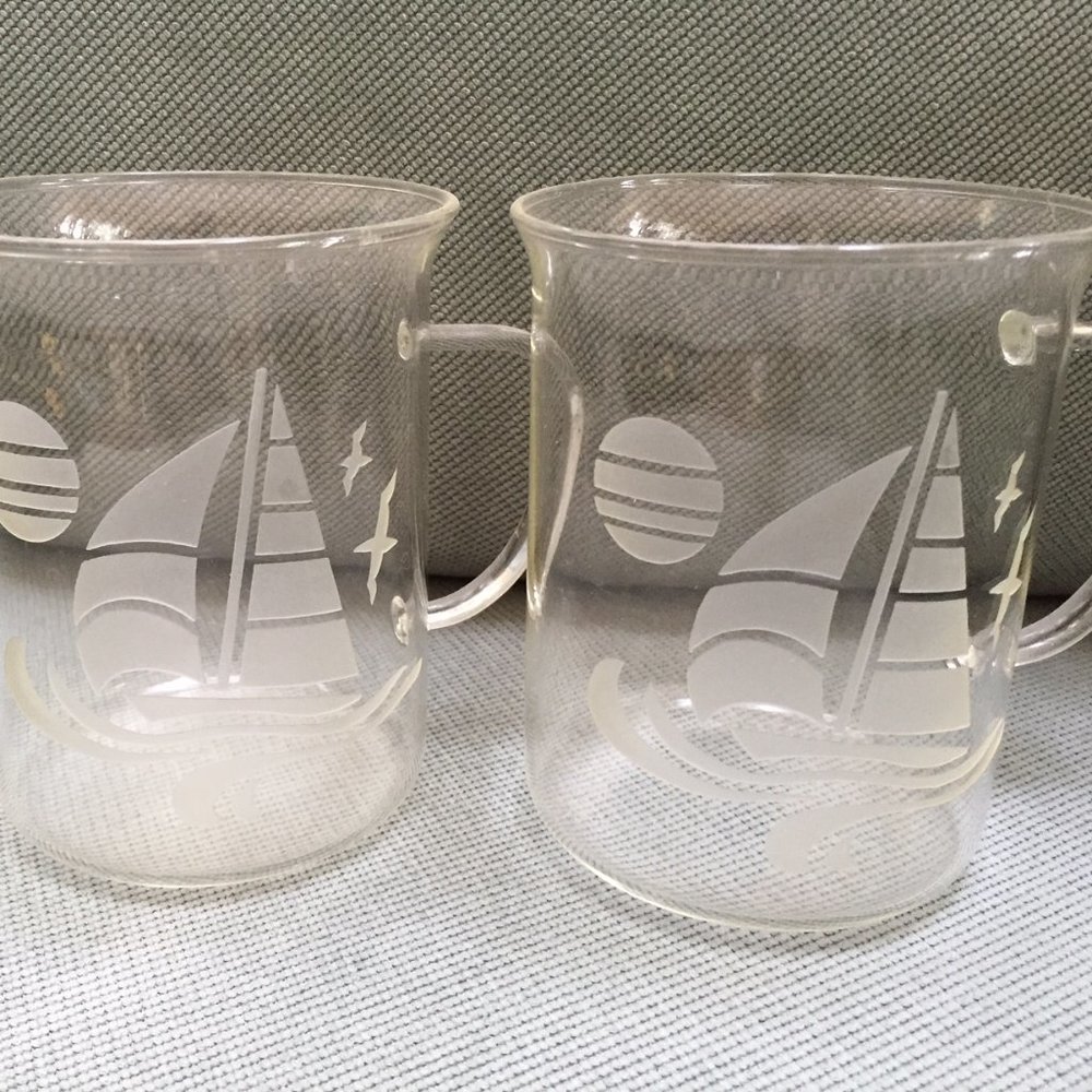 Hand blown glass sailboat etched mugs